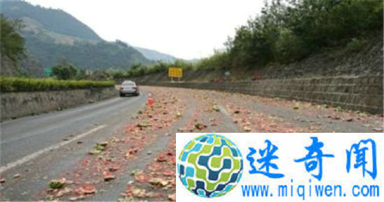 2.5吨西瓜碾成渣 路面满是碎西瓜一片狼藉